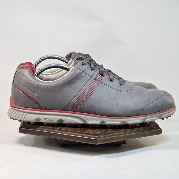 FootJoy Spikeless Golf Shoes Mens 12M Gray Red Leather 53663 FJ Logos Lace Up - Picture 1 of 11
